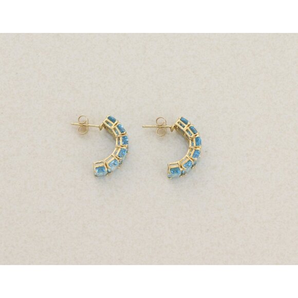 14k Yellow Gold Natural Swiss Blue Topaz Earrings Hoop Earrings 3/4" x 1/4" - Picture 7 of 8